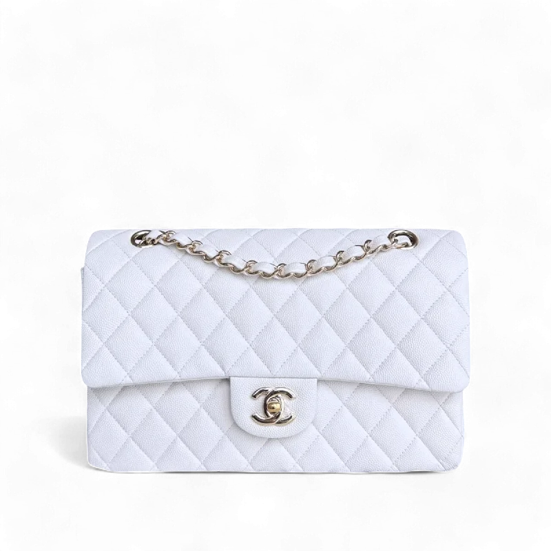 Chanel bags with gold, silver, and pearl accentsChanel Classic Flap Medium - Caviar 25CM Quilted Snow White Gold Hardware Series 27