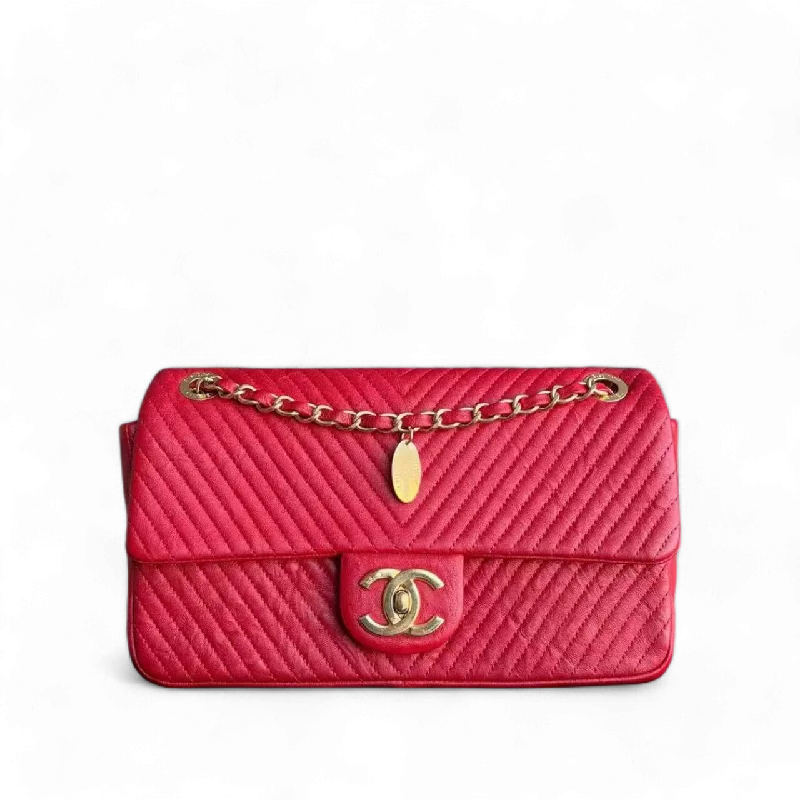 Chanel bags with iconic gold chainsChanel Herringbone Medallion - Chevron Seasonal Flap Red Calfskin Aged Gold Hardware Series 21