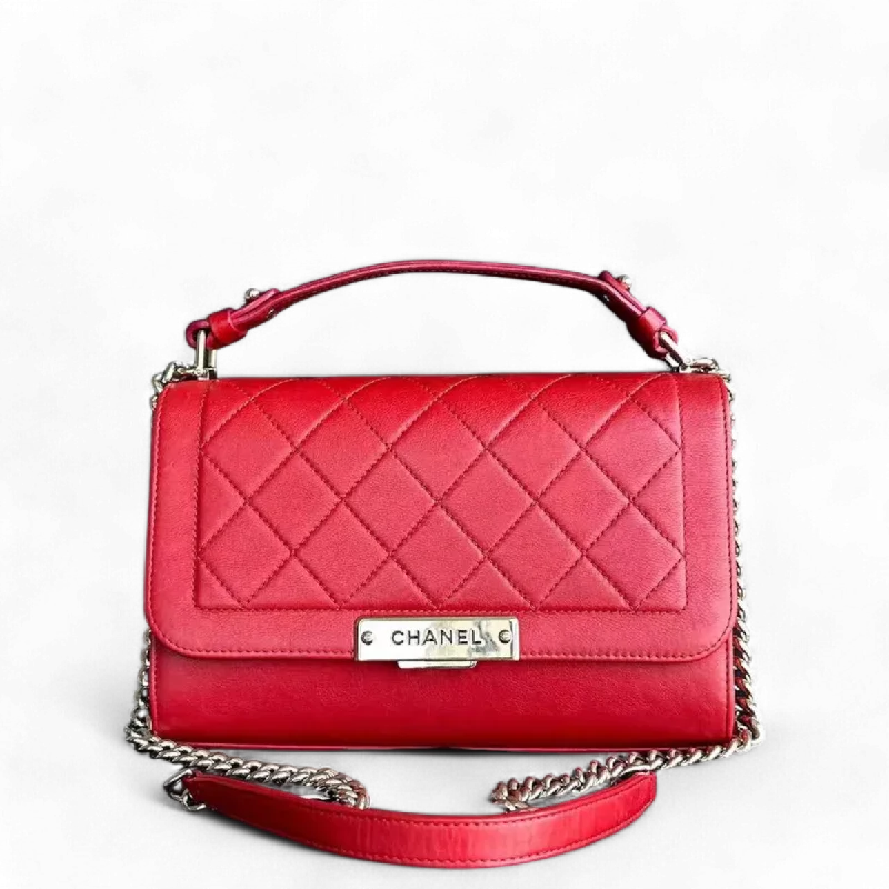 Chanel bags with classic and elegant designsMedium Label Click Flap Quilted Grained Calfskin Red Golden Hardware Series 24