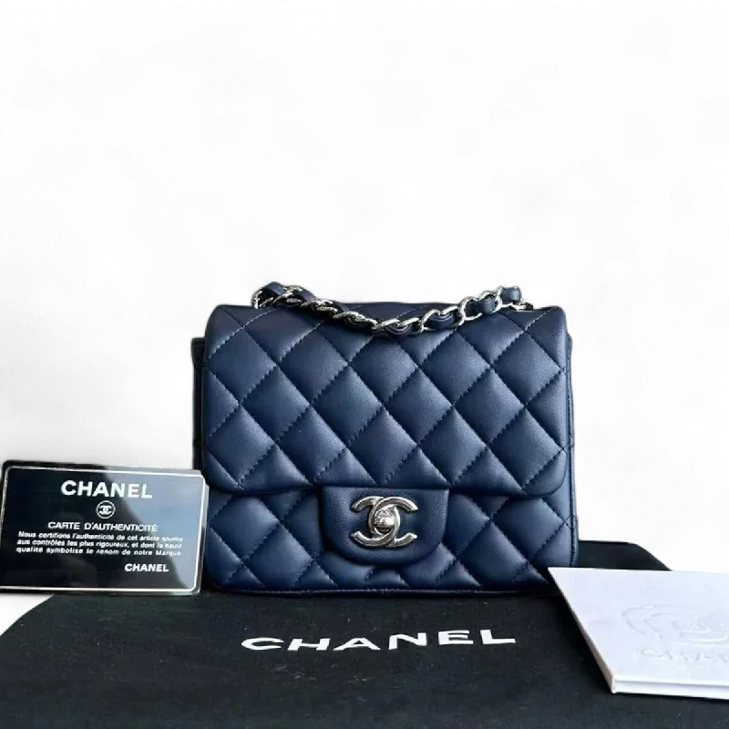 Chanel bags for women who love timeless fashionChanel Mini Square Classic Flap Quilted Lambskin Dark Navy Blue Silver Hardware Series 22