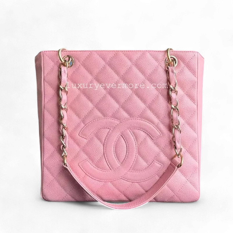 Chanel bags with iconic stitching detailsChanel PST Petite Shopping Tote - Caviar Pink Quilted Gold Hardware Series 8