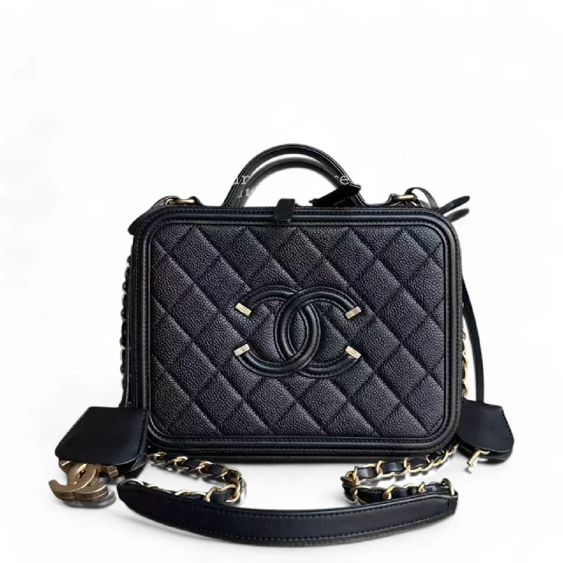 Chanel Quilted Leather Shoulder Bag for FashionistasChanel Vanity Case Medium - Caviar Quilted Black Gold Hardware Series 27