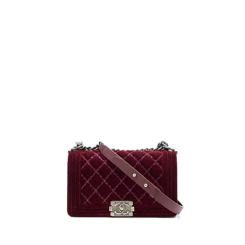 Chanel bags with classic and elegant designsChanel Medium Boy Bag Velvet Dark Red Ruthenium SHW