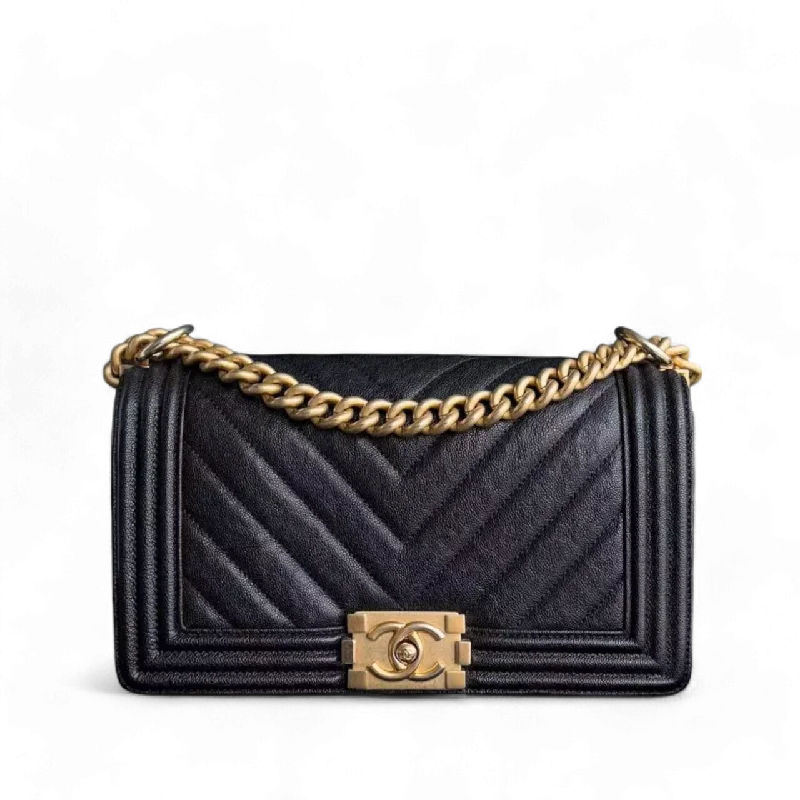 Chanel bags with exclusive seasonal designs and materialsChanel Boy Medium - Caviar 25CM Chevron Black Gold Hardware Series 26