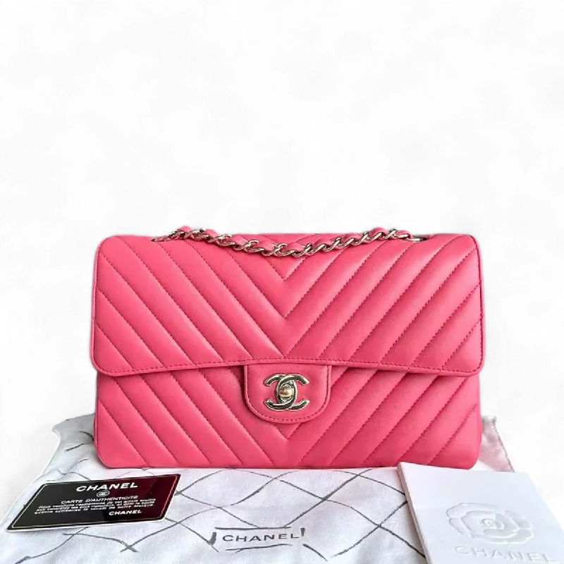 Chanel bags with exclusive seasonal designs and materials*Like New* Medium Chevron Lambskin Coral Pink Golden Hardware Series 24