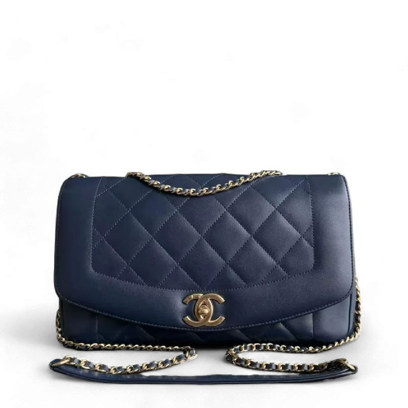 Chanel bags with leather and tweed combinations*Rare 2015 Re-issue* Chanel Diana - 28CM Quilted Lambskin Dark Blue Gold Hardware Series 20