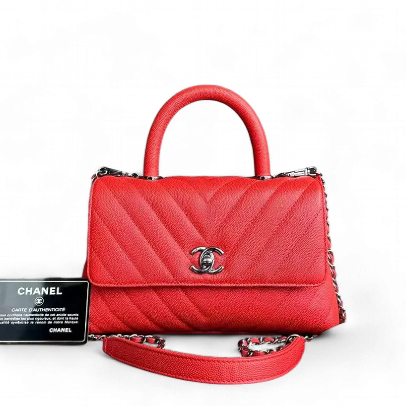 Chanel Colorful Handbag for Spring OutfitsChanel Caviar Small Coco Handle Chevron Calfskin Light Red Silver Hardware Series 28